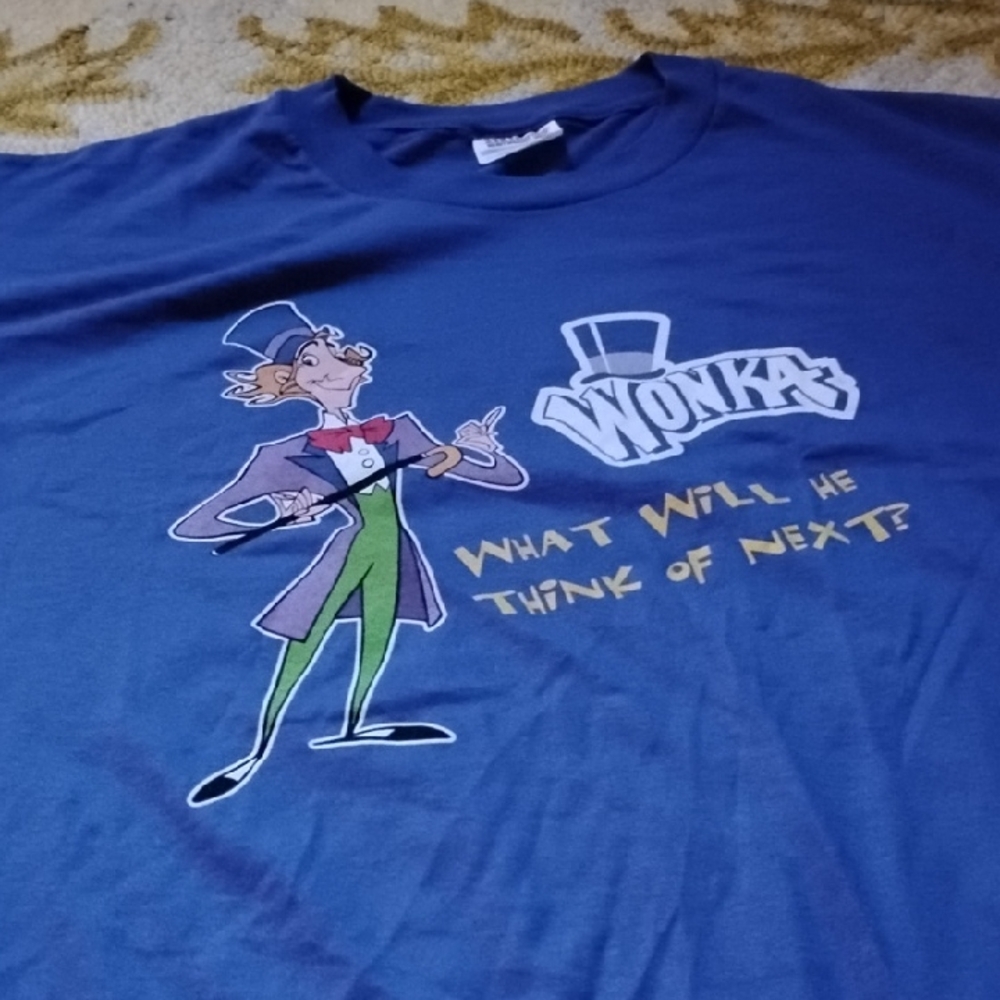 Men's Vintage XL Willy Wonka Graphic Shirt Blue Movie Candy Book